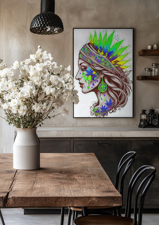 The Leaf Crown by BunteBeute in a black frame above a rustic table with white flowers
