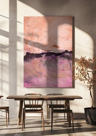 expressive landscape by Iris Lehnhardt hanging above a wooden dining table in warm sunlight