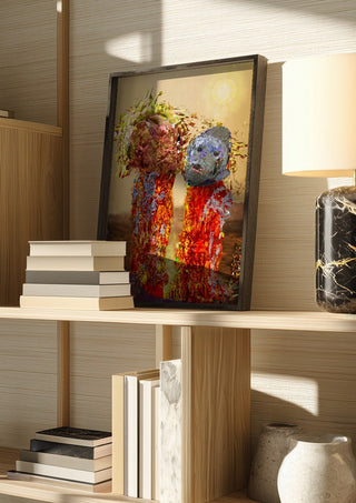 yellow is the color by Henrik Kock in a dark frame on a wooden shelf beside books and a lamp