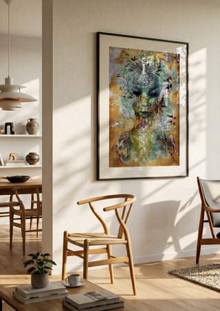 Close my eyes - So I can see by Henrik Kock in a black frame in a bright dining room with wooden chairs