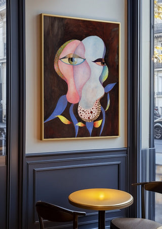 Two Eyes, One Head by Shimmering Ugly in an oak frame on a panelled cafe wall