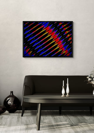 The Magic of Colors by Walter Zettl in a black frame on a pale wall above a dark sofa with candlesticks