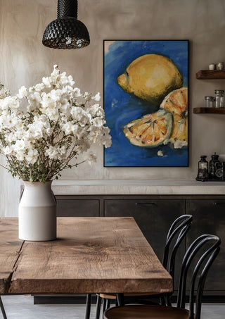 Summer by Christin in a black frame above a rustic table with white flowers