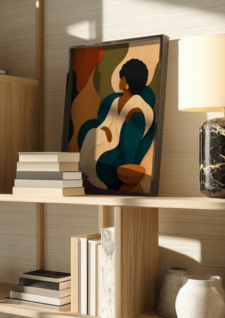 Seventies Lounge by ArtySjak in a dark frame on a wooden shelf beside books and a lamp