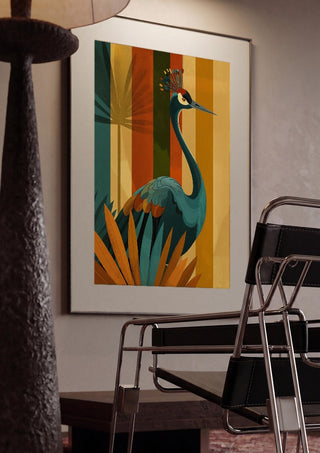 Crane of the Retro Forest by ArtySjak framed in a dim room beside a tubular steel chair