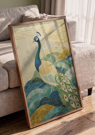 Peacock Touched by Gold by ArtySjak in a walnut frame leaning against a grey sofa
