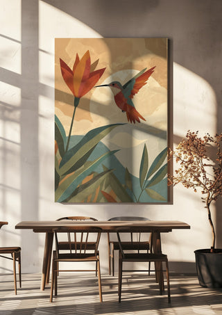 Hummingbird in Motion by ArtySjak hanging above a wooden dining table in warm sunlight