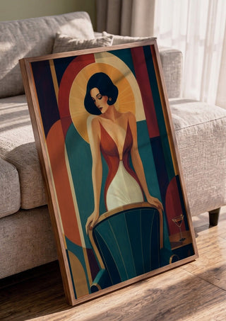 The Last Martini by ArtySjak in a walnut frame leaning against a grey sofa