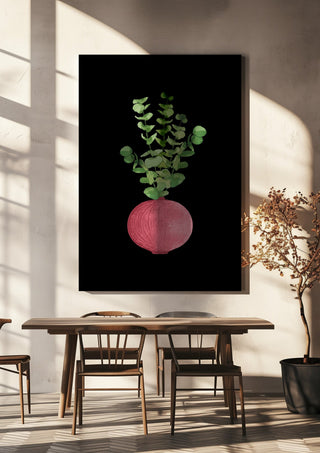 Eucalyptus in pink vase by Creationsbyeditabrus hanging above a wooden dining table in warm sunlight