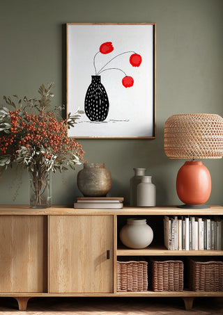 Three happy tulips by Creationsbyeditabrus above a wooden sideboard on a sage green wall