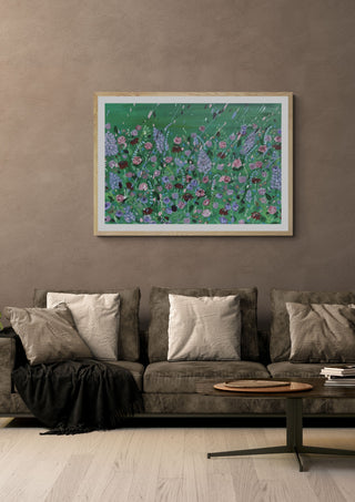 Paddy's Yard by Rebecca Wright in a light oak frame on a warm grey wall above a brown sofa