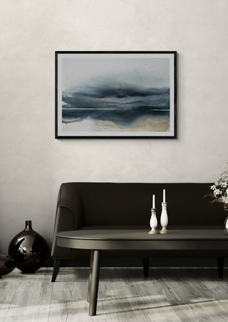 The receding horizon by Tania Zubareva in a black frame on a pale wall above a dark sofa with candlesticks