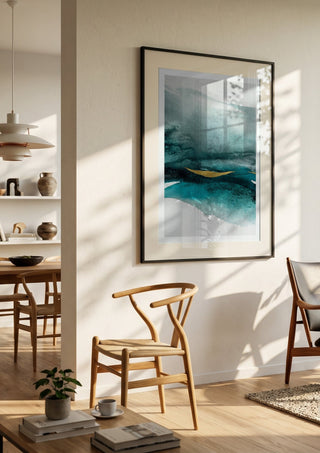 Emerald paradise by Tania Zubareva in a black frame in a bright dining room with wooden chairs