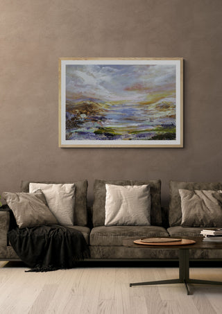 Destiny unknown by Art Anne Lee in a light oak frame on a warm grey wall above a brown sofa