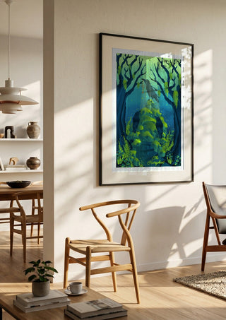 The Hierophant by Sciurus tarotus in a black frame in a bright dining room with wooden chairs