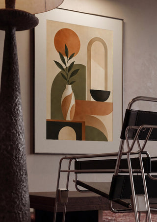 Abstract Earth-Tone Still Life by TimlessArtworks framed in a dim room beside a tubular steel chair