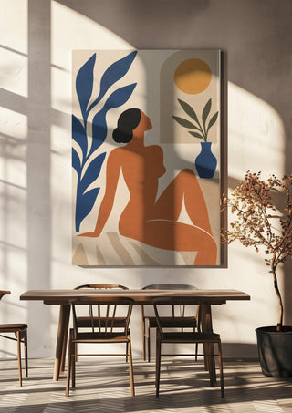 Matisse-Inspired Sunlit Muse by TimlessArtworks hanging above a wooden dining table in warm sunlight