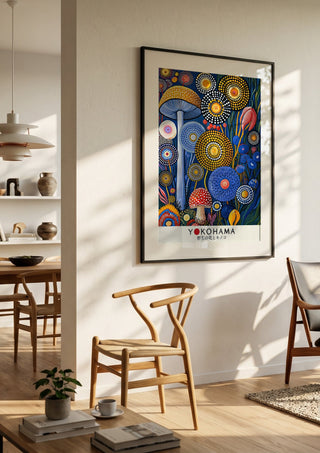 Dotted Garden at Night by Yokohama in a black frame in a bright dining room with wooden chairs