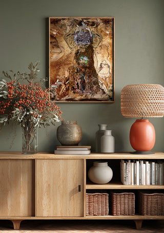 Tiden der var by Henrik Kock above a wooden sideboard on a sage green wall