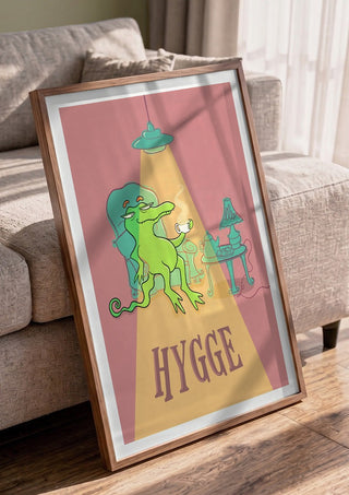 Hygge Crocodile by Elisa Albanelli in a walnut frame leaning against a grey sofa