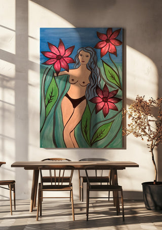 Body and Flowers. 2924 by Carmen Coduri hanging above a wooden dining table in warm sunlight