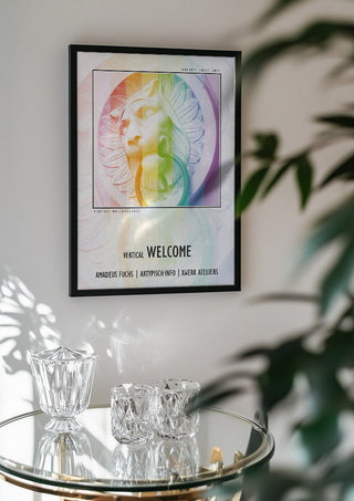 Vertical Welcome - Serial Signal by Amadeus Fuchs in a black frame above a glass table with crystal glassware