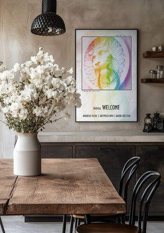 Vertical Welcome - Serial Signal by Amadeus Fuchs in a black frame above a rustic table with white flowers