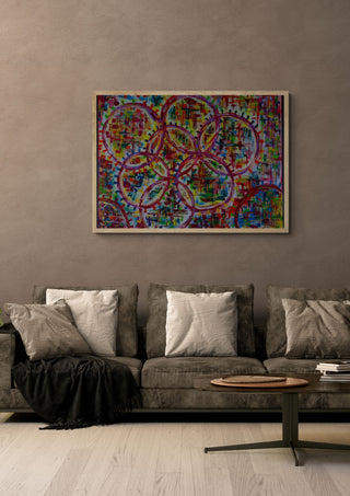Corona by ullimcart in a light oak frame on a warm grey wall above a brown sofa
