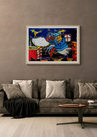 Transformação (Transformation) by Corre-Pé in a light oak frame on a warm grey wall above a brown sofa