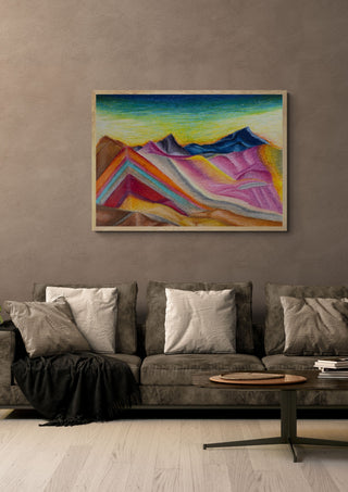 Mountains by Emil Walli in a light oak frame on a warm grey wall above a brown sofa