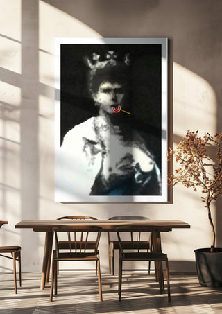 The Midnight Queen by Bent Hardervig hanging above a wooden dining table in warm sunlight