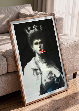 The Midnight Queen by Bent Hardervig in a walnut frame leaning against a grey sofa