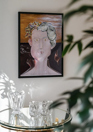 Looksmaxxer Deluxe by Emil Walli in a black frame above a glass table with crystal glassware