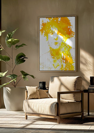 Sunshine by Bent Hardervig framed above a beige armchair beside a potted plant