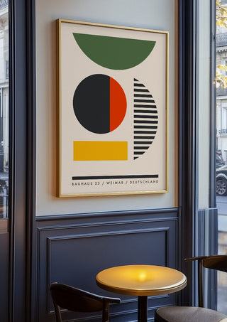 Bauhaus Shapes by Neil Stevens in an oak frame on a panelled cafe wall