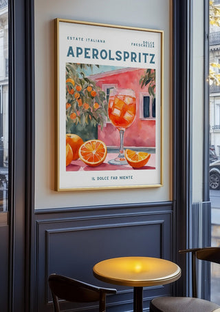 Estate Italiana by Ohkimiko in an oak frame on a panelled cafe wall