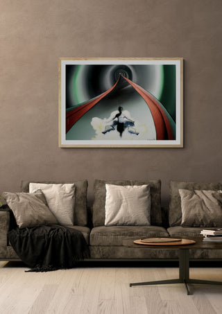 Crashing Man by Luis Valquaresma in a light oak frame on a warm grey wall above a brown sofa