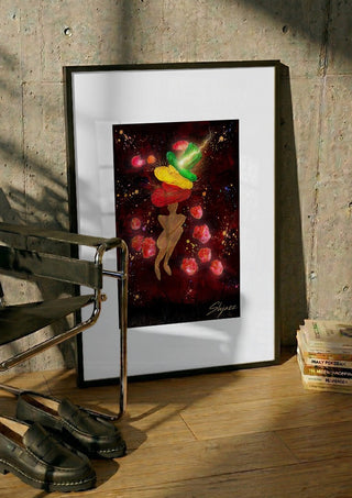Nachtflits by Madame Petit in a black frame leaning against a concrete wall by a steel chair