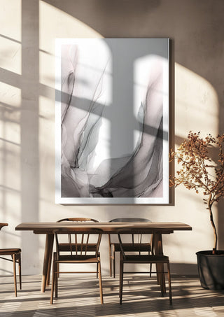 Traces of Wind by Anna Dormir hanging above a wooden dining table in warm sunlight