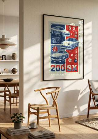 Nissan 200SX by Kaminarirace in a black frame in a bright dining room with wooden chairs