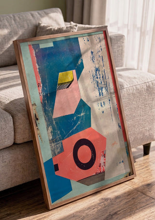 Abstract Composition No.2 by Kareem Rizk in a walnut frame leaning against a grey sofa