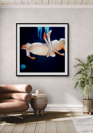 Contact #2 by Luis Valquaresma in a black frame above a tan leather sofa beside a potted palm