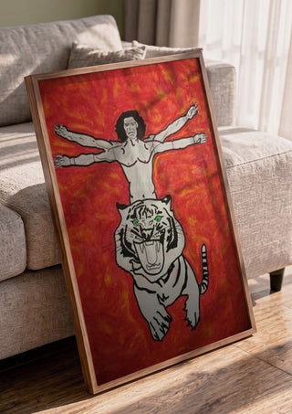 Es gibt dich zweimal by Olaf Baier in a walnut frame leaning against a grey sofa