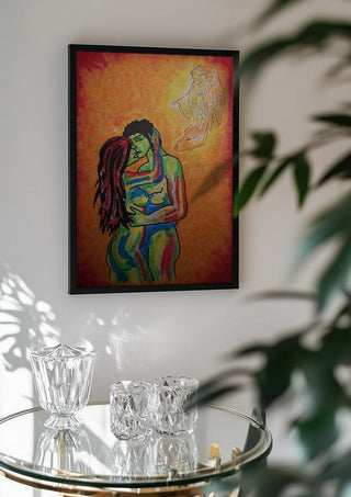 Liebe und Psyche by Olaf Baier in a black frame above a glass table with crystal glassware