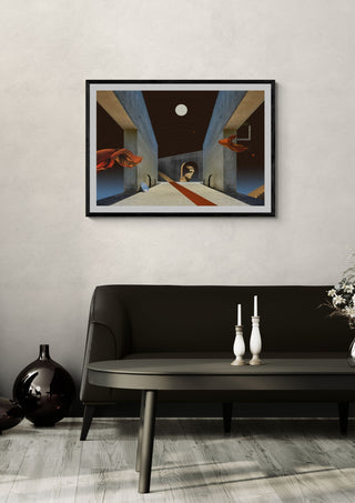 Daydream by Fran Rodriguez in a black frame above a dark sofa with candlesticks