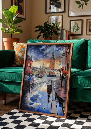 Stockholms promenad by Ramz Gadzh in a wooden frame leaning against a green velvet sofa on a chequered floor