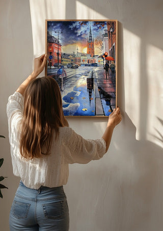Stockholms promenad by Ramz Gadzh being hung on a sunlit wall