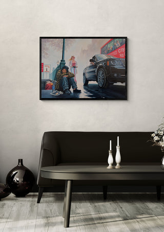 En solig dag i storstaden – Ur serien ”Osynliga människor” by Ramz Gadzh in a black frame above a dark sofa with candlesticks