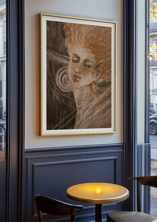 the strings of my soul by Mariia Nikolina in an oak frame on a panelled cafe wall
