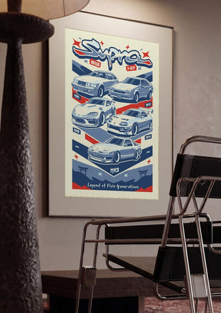 Toyota Supra Lineage by Kaminarirace framed in a dim room beside a tubular steel chair